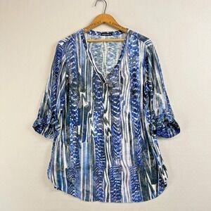 DAVID CLINE Women's Top XL Long Roll Tab Sleeve V Neck Blue Black Stripe Popover